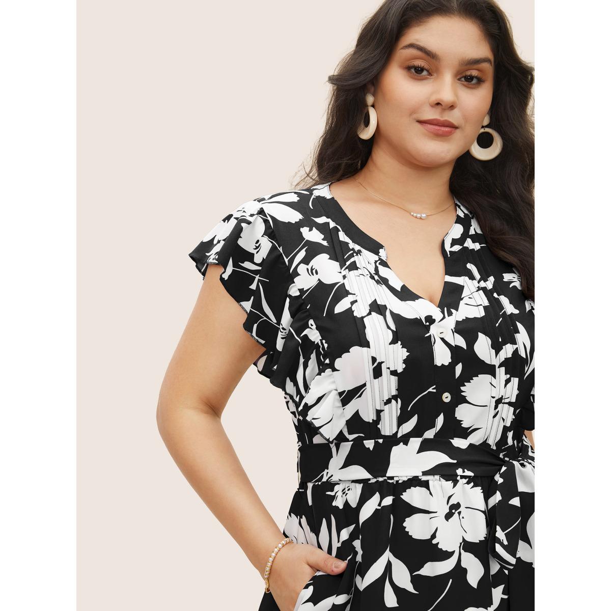 Plus Size Silhouette Floral Print Ruffle Cap Sleeve Dress Black Women Elegant Belted V-neck Sleeveless Curvy Midi Dress BloomChic 28/5X Product Image