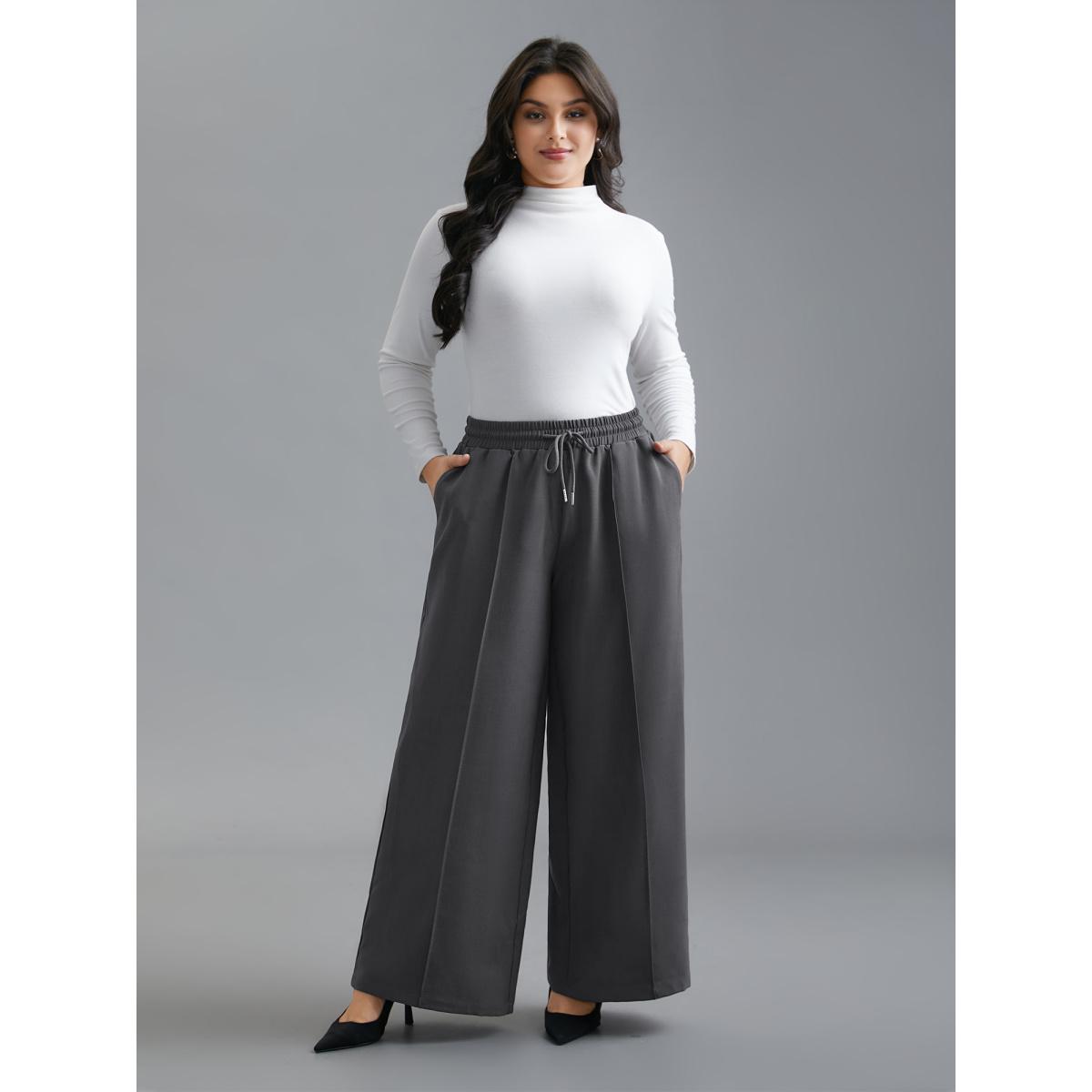 Plus Size Elastic Waist Plicated Detail Slant Pocket Pants Women DimGray Casual Loose Mid Rise Everyday Pants BloomChic 10/M Product Image