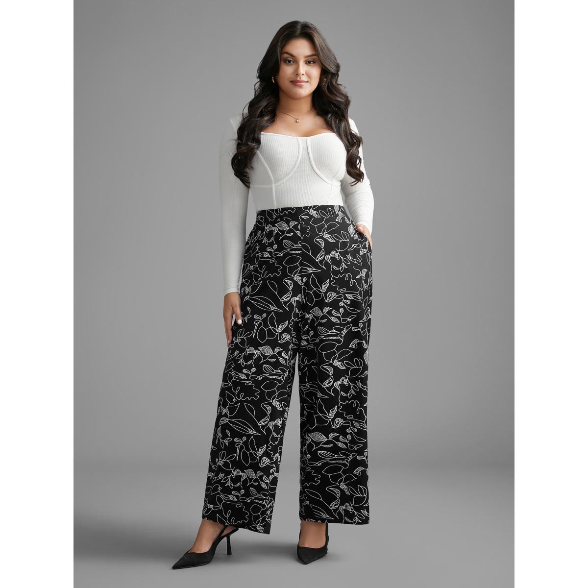 Plus Size Graffiti Print Elastic Waist Wide Leg Pants Women BlackFlower At the Office Wide Leg Mid Rise Office Pants BloomChic 26/4X Product Image