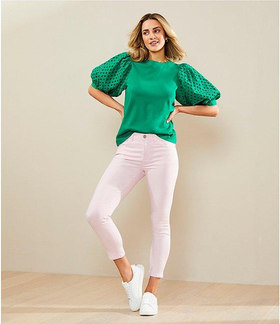 Gibson & Latimer Knit Contrast Eyelet Crew Neck Short 3/4 Balloon Sleeve Top Product Image