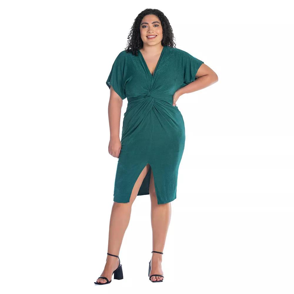 Plus Size 24Seven Comfort Apparel Short Sleeve V-Neck Twist Front Split-Hem Dress, Women's, Size: 2XL, Hunter Product Image