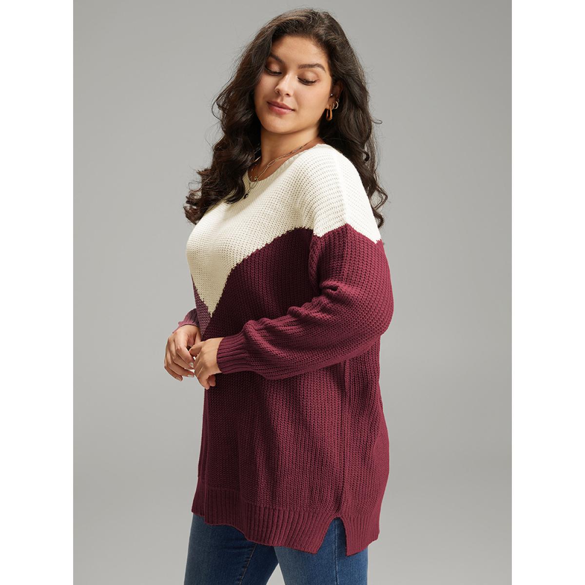 Plus Size Colorblock Split Side Drop Shoulder Pullover Scarlet Women Casual Loose Long Sleeve Round Neck Dailywear Pullovers BloomChic 10/M Product Image