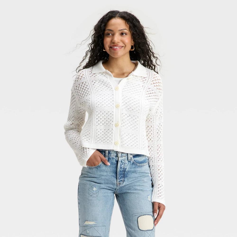 Women's Openwork Button-Front Cardigan - Universal Thread™ White Product Image