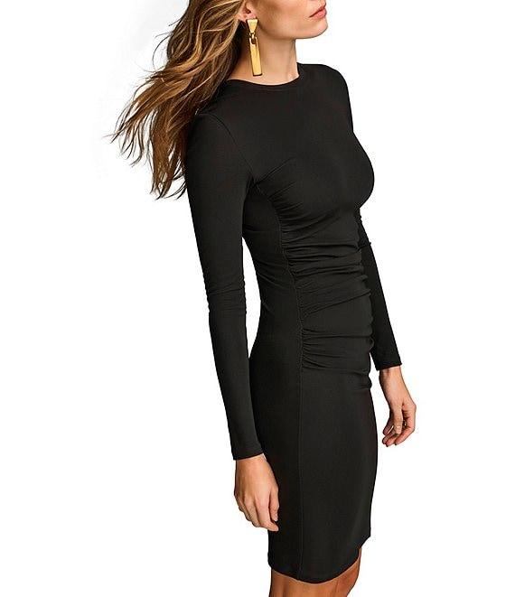 Donna Karan Stretch Crepe Crew Neck Long Sleeve Ruched Bodycon Dress Product Image