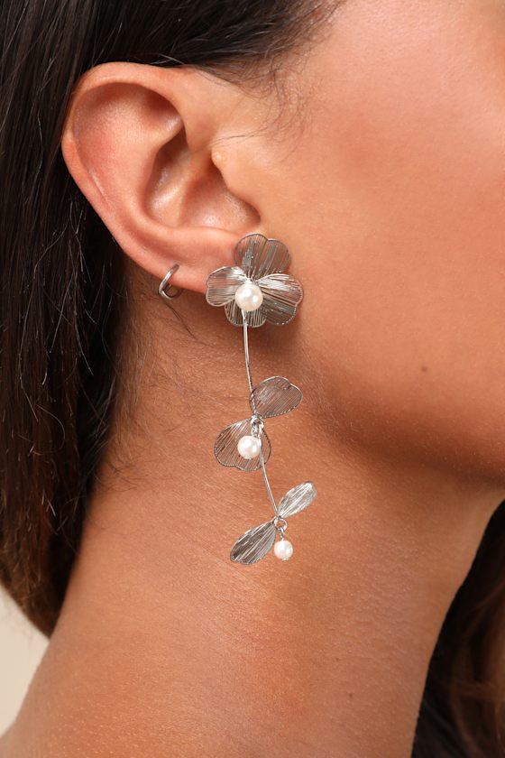 Caprina Silver Floral Pearl Drop Earrings Product Image