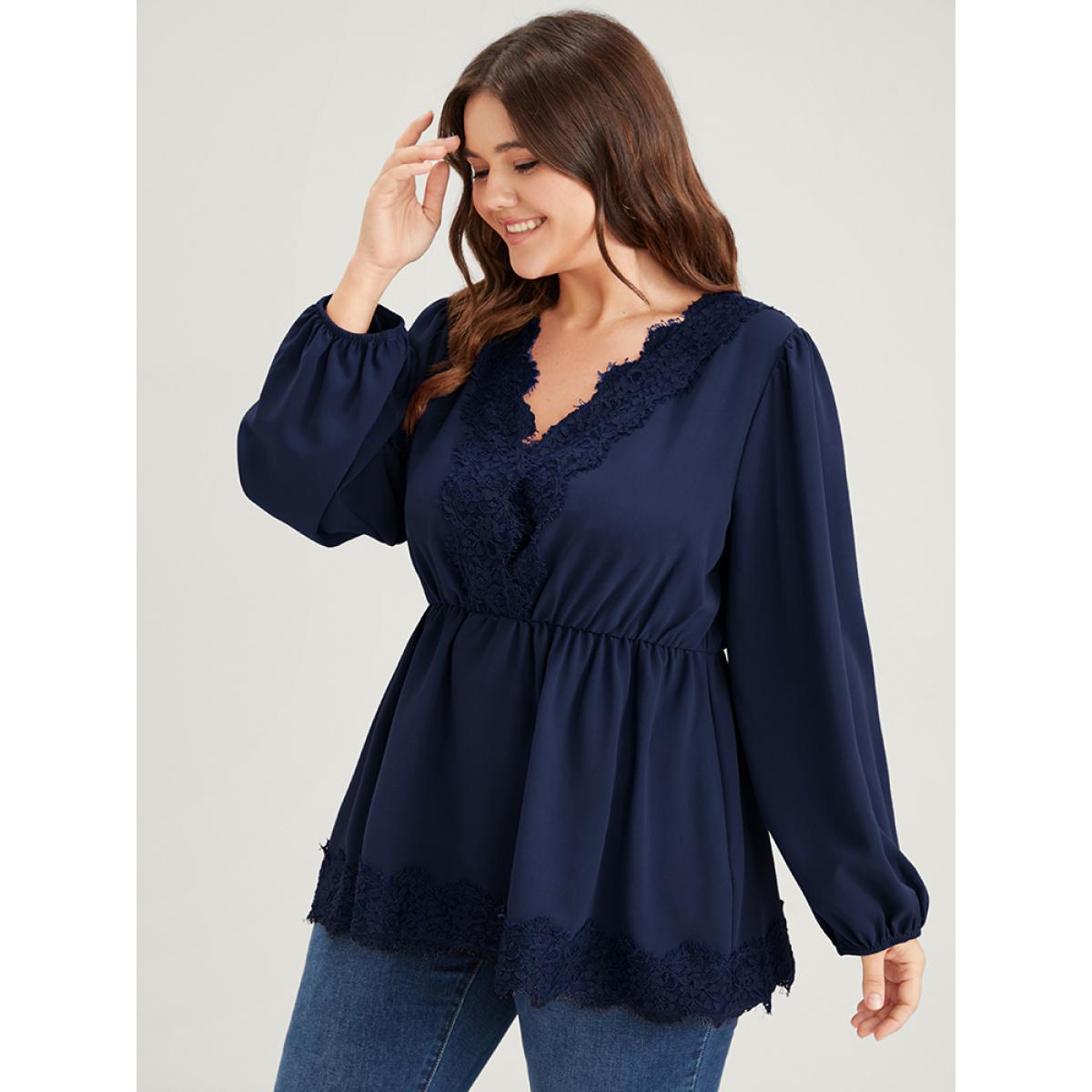 Plus Size Navy Solid Lantern Sleeve Ruffle Hem Lace Trim Blouse Women Elegant Long Sleeve V-neck Dailywear Blouses BloomChic 10/M Product Image