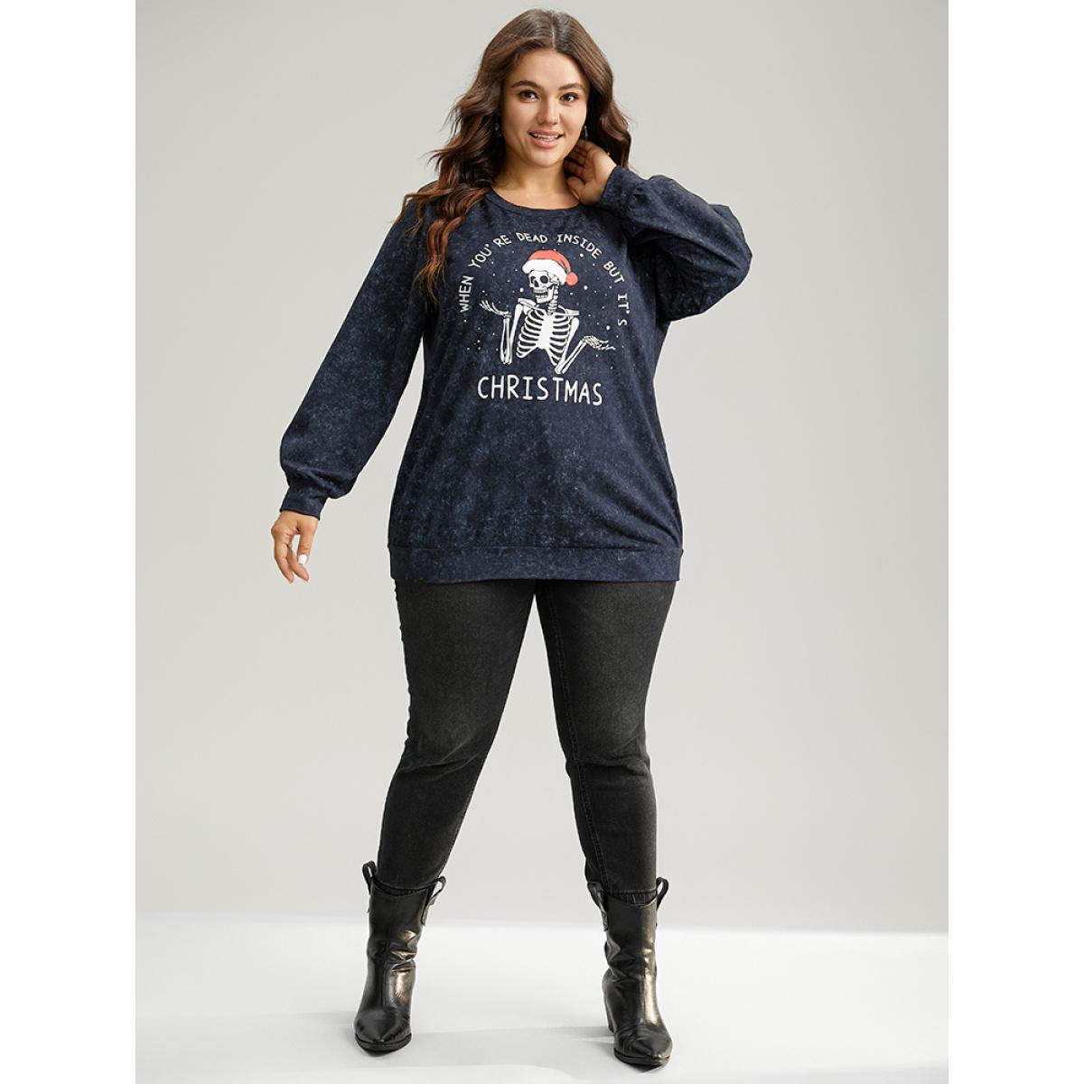 Plus Size Christmas Vintage Skull Print Crew Neck Sweatshirt Women Blue Casual Elastic cuffs Festival-Christmas Sweatshirts BloomChic 18-20/2X Product Image