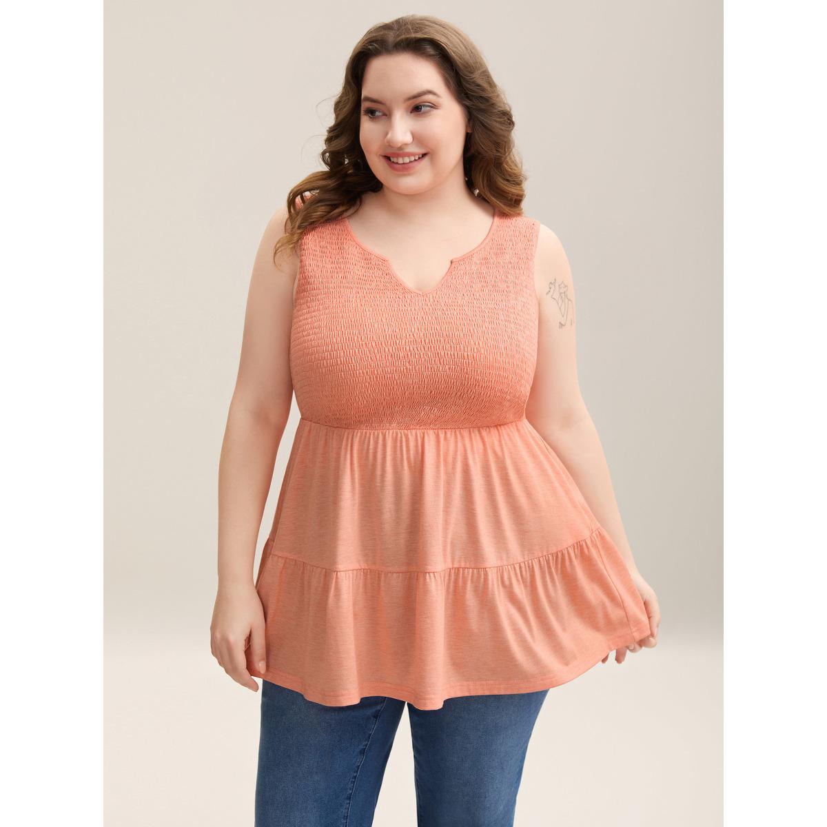 Plus Size Shirred Bodice Spliced Tiered Sleeveless Top Women Coral Elegant Gathered Notched collar Everyday Tank Tops Camis BloomChic 30/6X Product Image