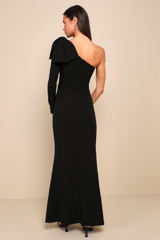 Sophisticated Poise Black Bow One-Shoulder Maxi Dress Product Image