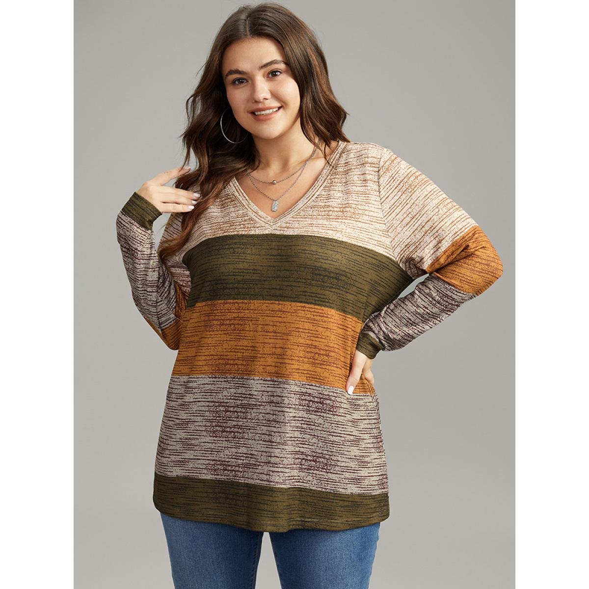 Plus Size Striped Colorblock Contrast V Neck T-shirt Multicolor Women Casual Contrast Colorblock V-neck Everyday T-shirts BloomChic 26/4X Product Image