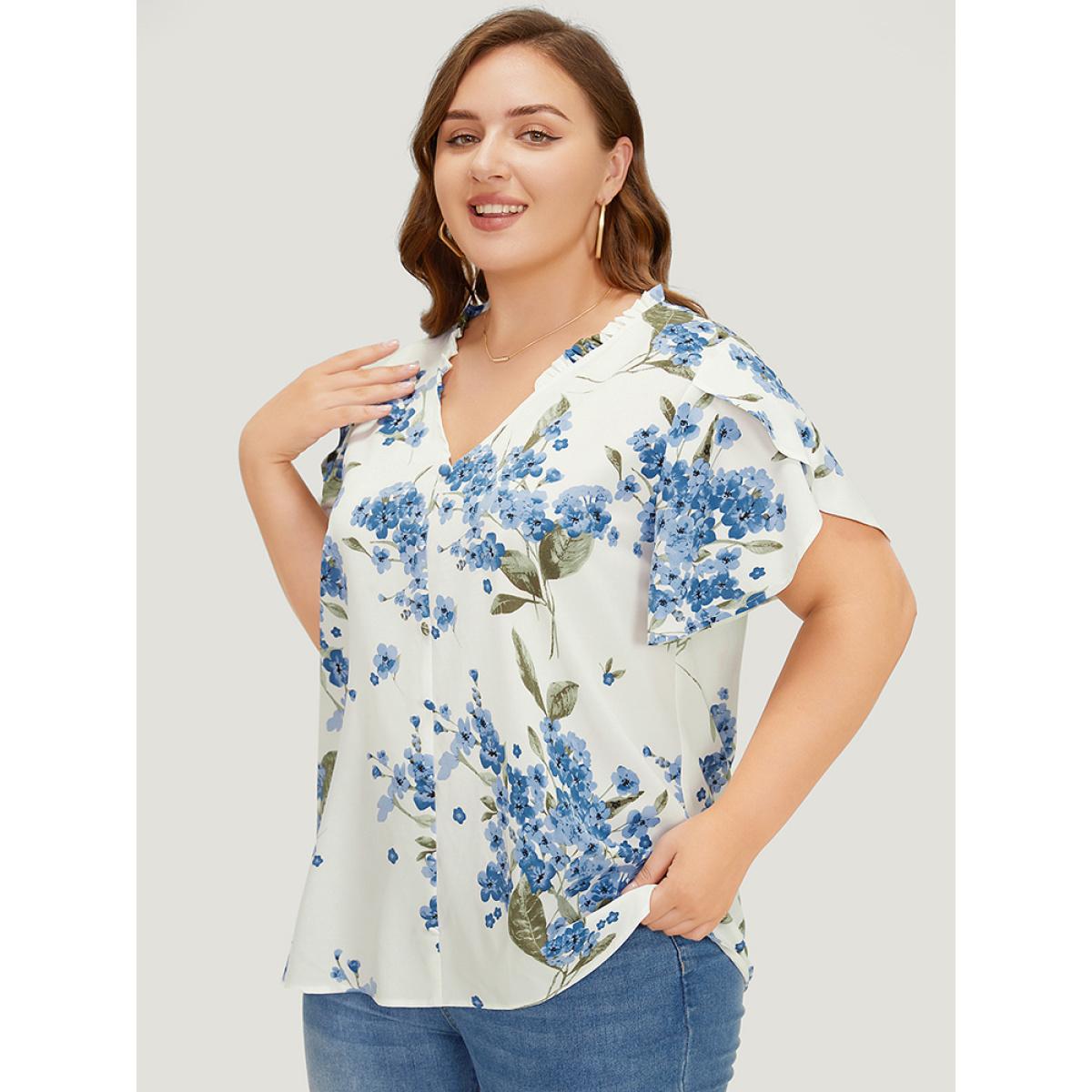 Plus Size White Floral Frill Trim Petal Sleeve Blouse Women Elegant Short sleeve V-neck Dailywear Blouses BloomChic 18-20/2X Product Image