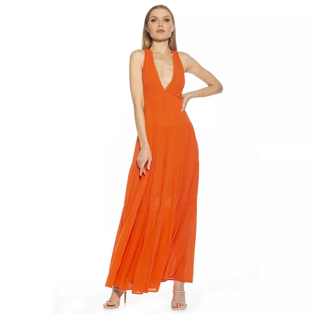 Women's ALEXIA ADMOR Tezzi Lace Trim V-Neck Tiered Maxi Dress,  Product Image