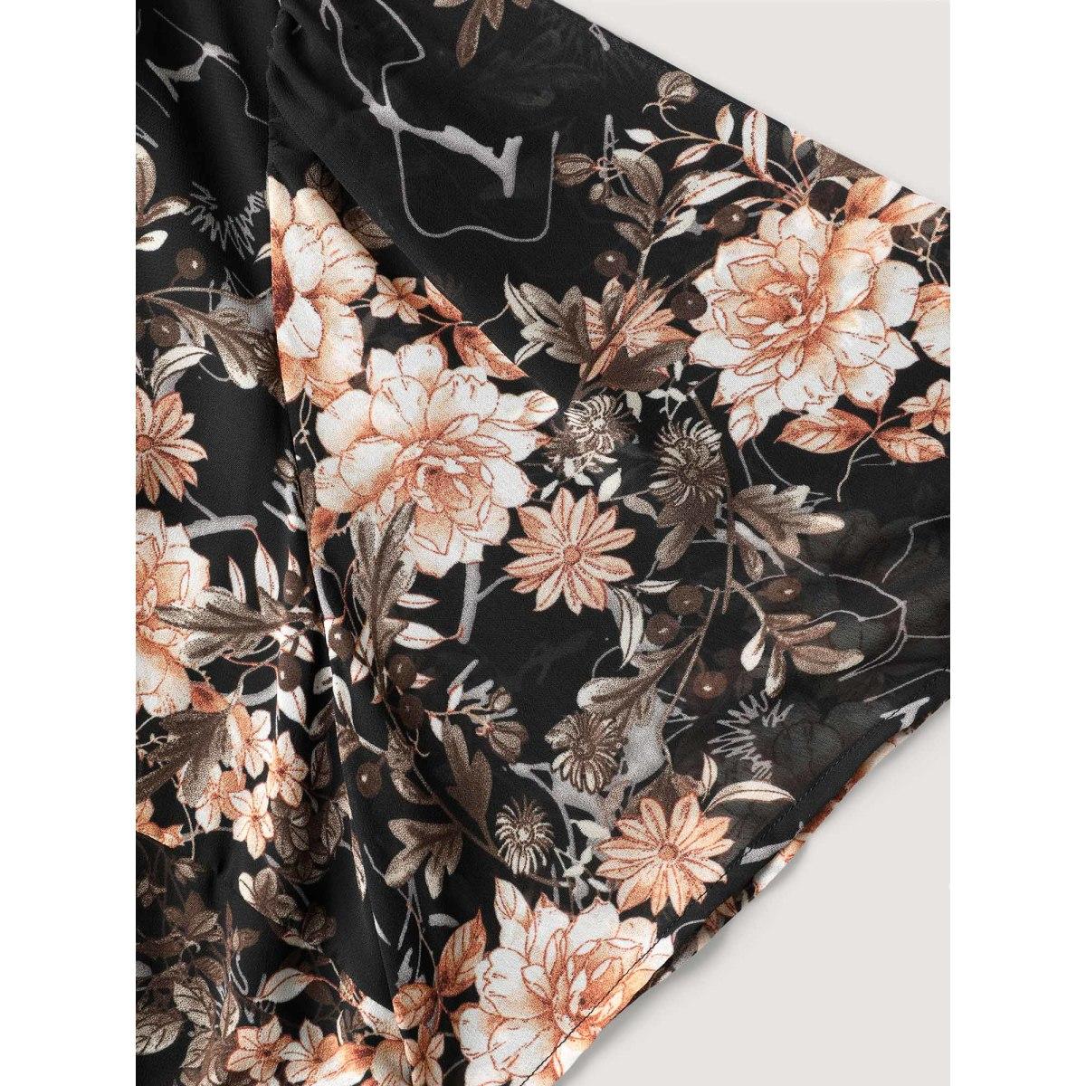 Plus Size Chiffon Floral Print Tiered Slit Midi Dress Black Women Romantic Slit V-neck Short sleeve Curvy BloomChic 10/M Product Image