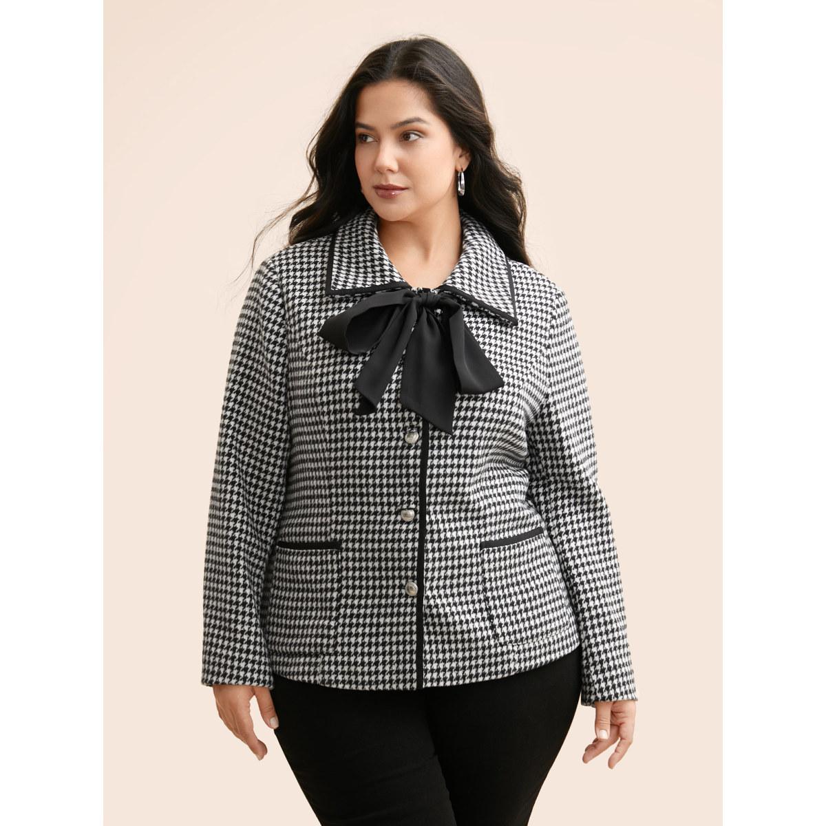 Plus Size Houndstooth Tie Knot Woven Ribbon Jacket Women Black Woven ribbon&lace trim Patch pocket Everyday Jackets BloomChic 18-20/2X Product Image