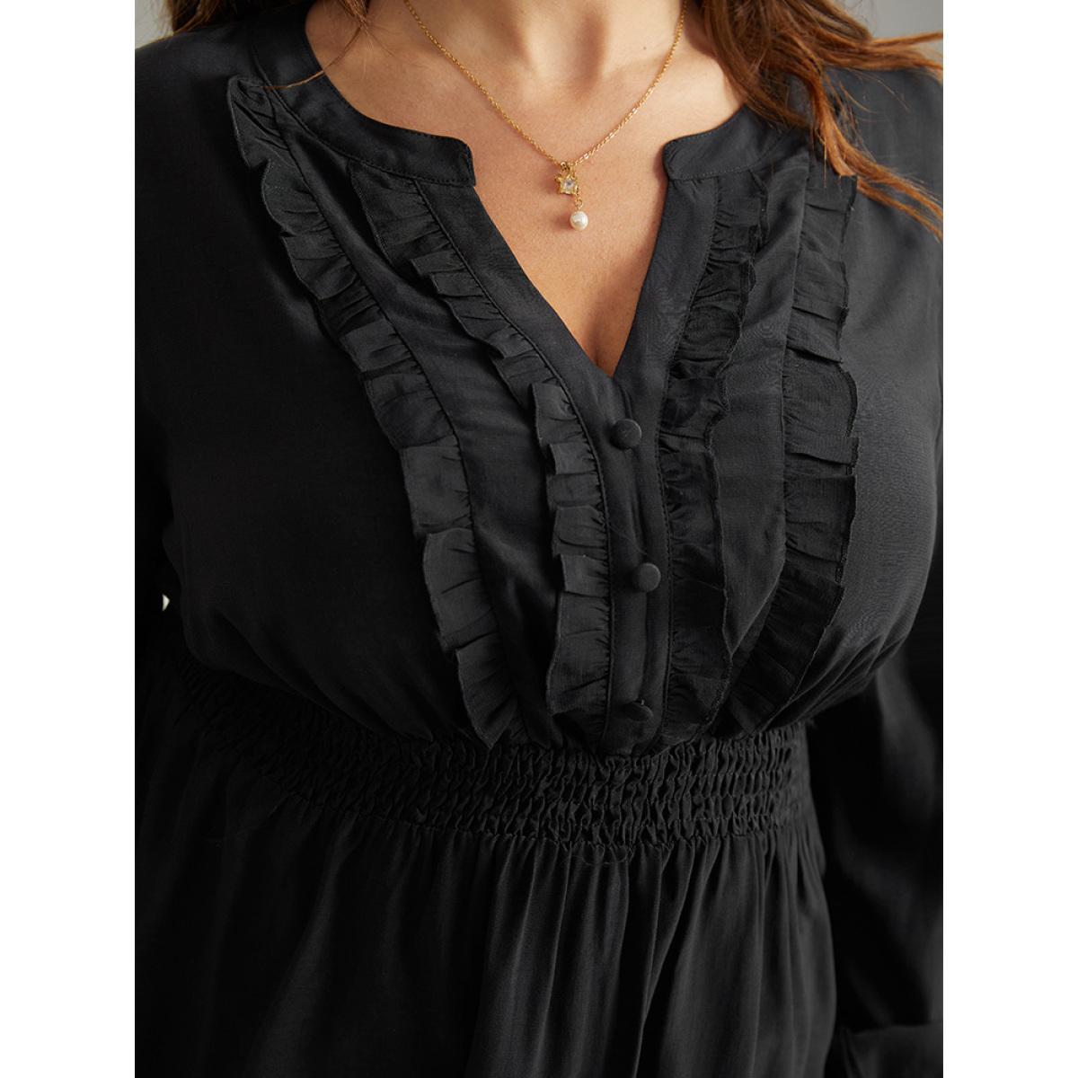 Plus Size Black Solid Frill Trim Shirred Flutter Hem Blouse Women Elegant Long Sleeve Notched collar Dailywear Blouses BloomChic 30/6X Product Image