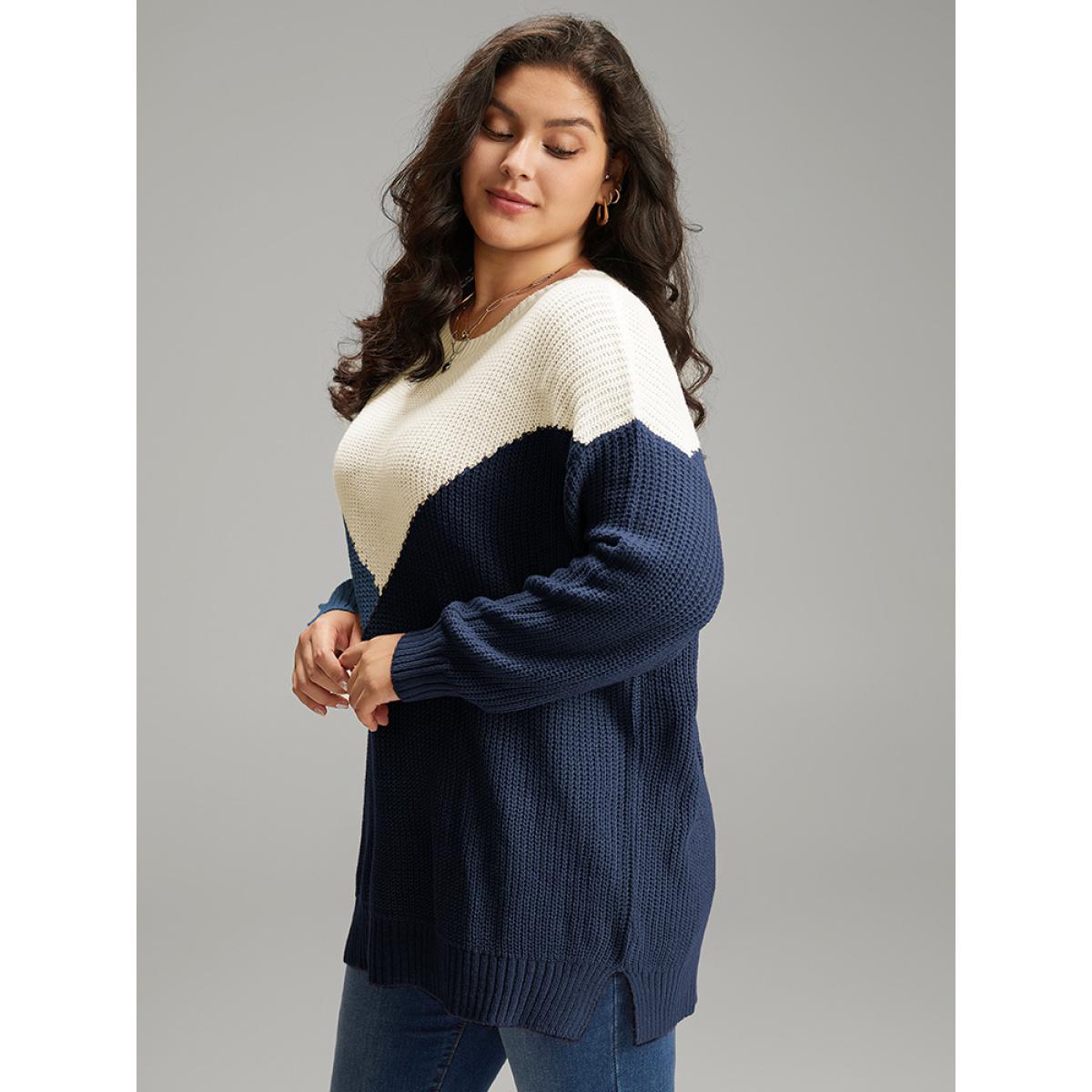 Plus Size Colorblock Split Side Drop Shoulder Pullover DarkBlue Women Casual Loose Long Sleeve Round Neck Dailywear Pullovers BloomChic 30/6X Product Image