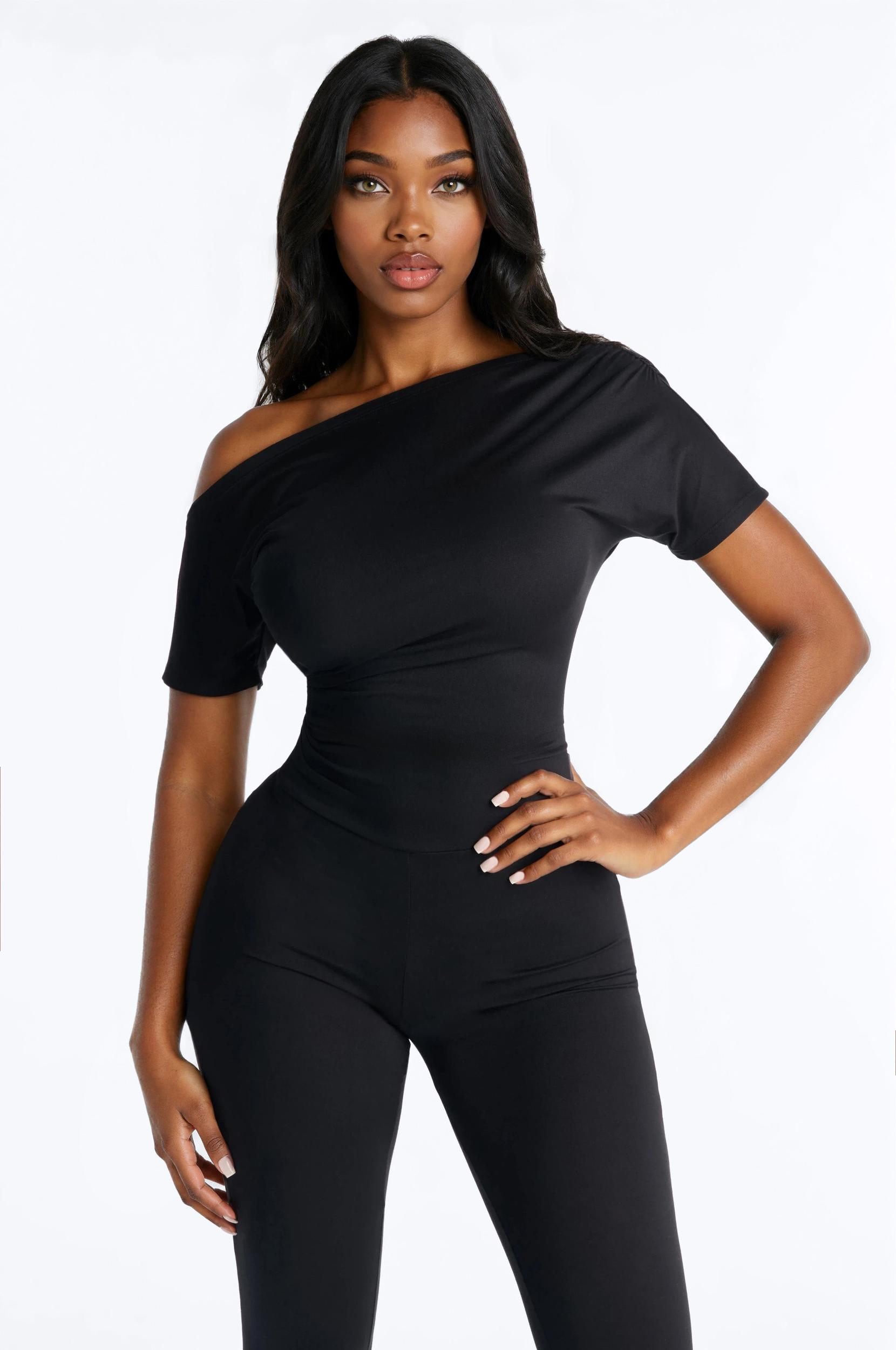 Auna One Shoulder Skinny Leg Jumpsuit - Black Female Product Image