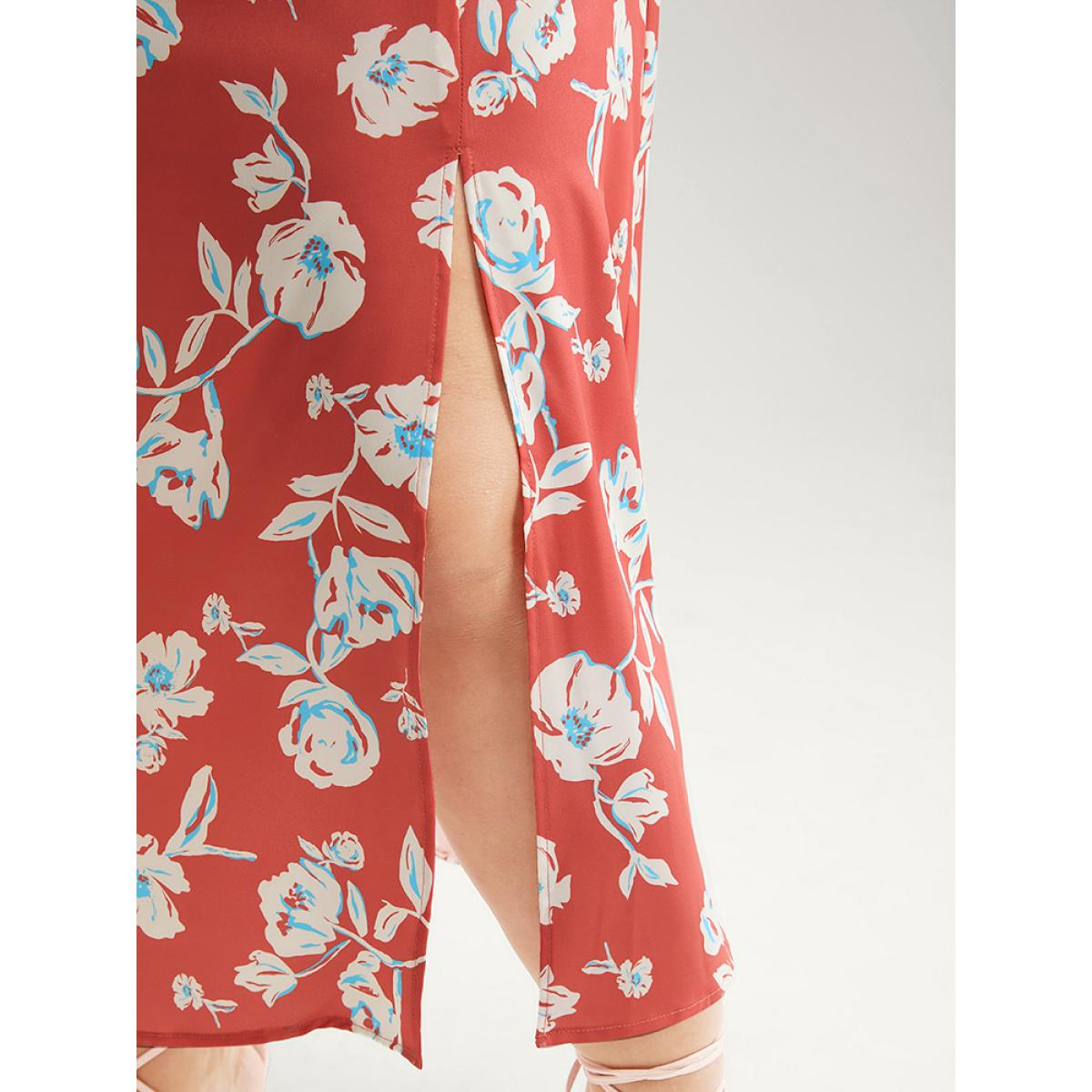 Plus Size Floral Printed Ruffle Trim Pocket V Neck Split Hem Dress Coral Women Elegant Elastic Waist V-neck Sleeveless Curvy Midi Dress BloomChic 28/5X Product Image