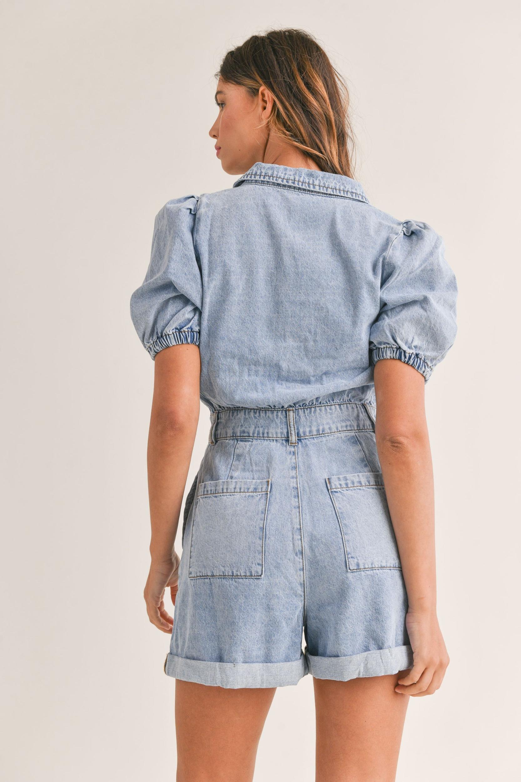 Cute Collared Puff Sleeve Denim Romper Product Image