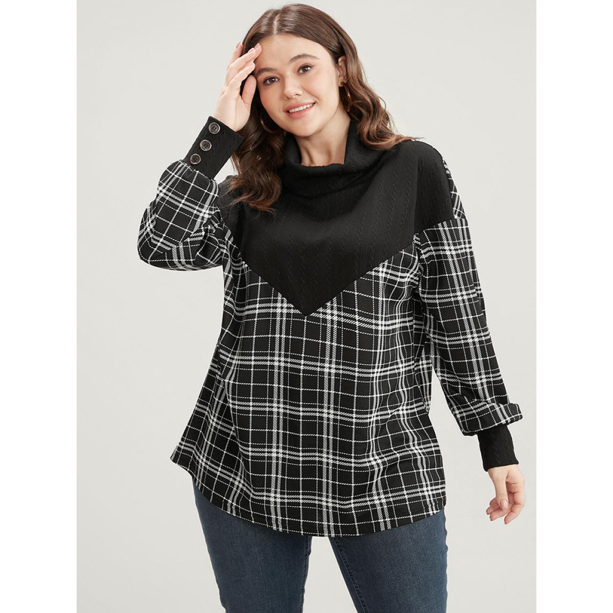 Plus Size Plaid Patchwork Button Detail Funnel Neck Sweatshirt Women Black Elegant Contrast Turtleneck Dailywear Sweatshirts BloomChic 10/M Product Image