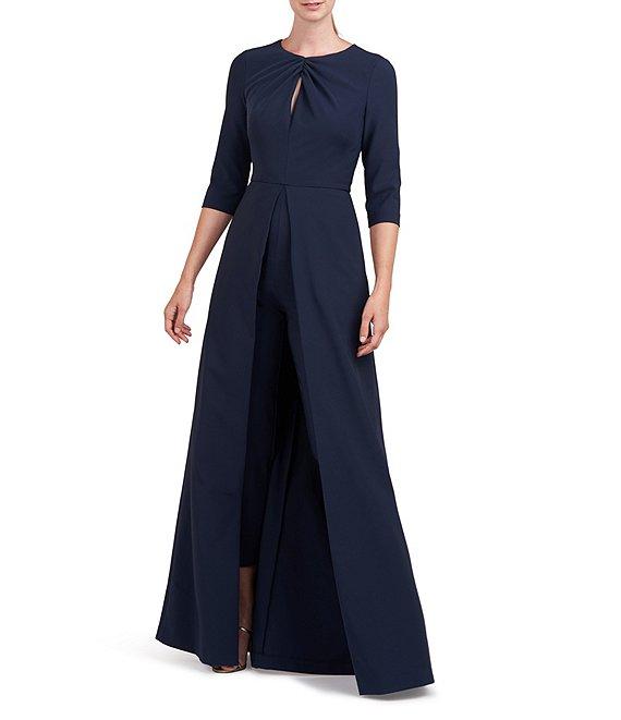 Kay Unger Stretch Crepe Twist Round Neckline 3/4 Sleeve Walk Through Jumpsuit Product Image