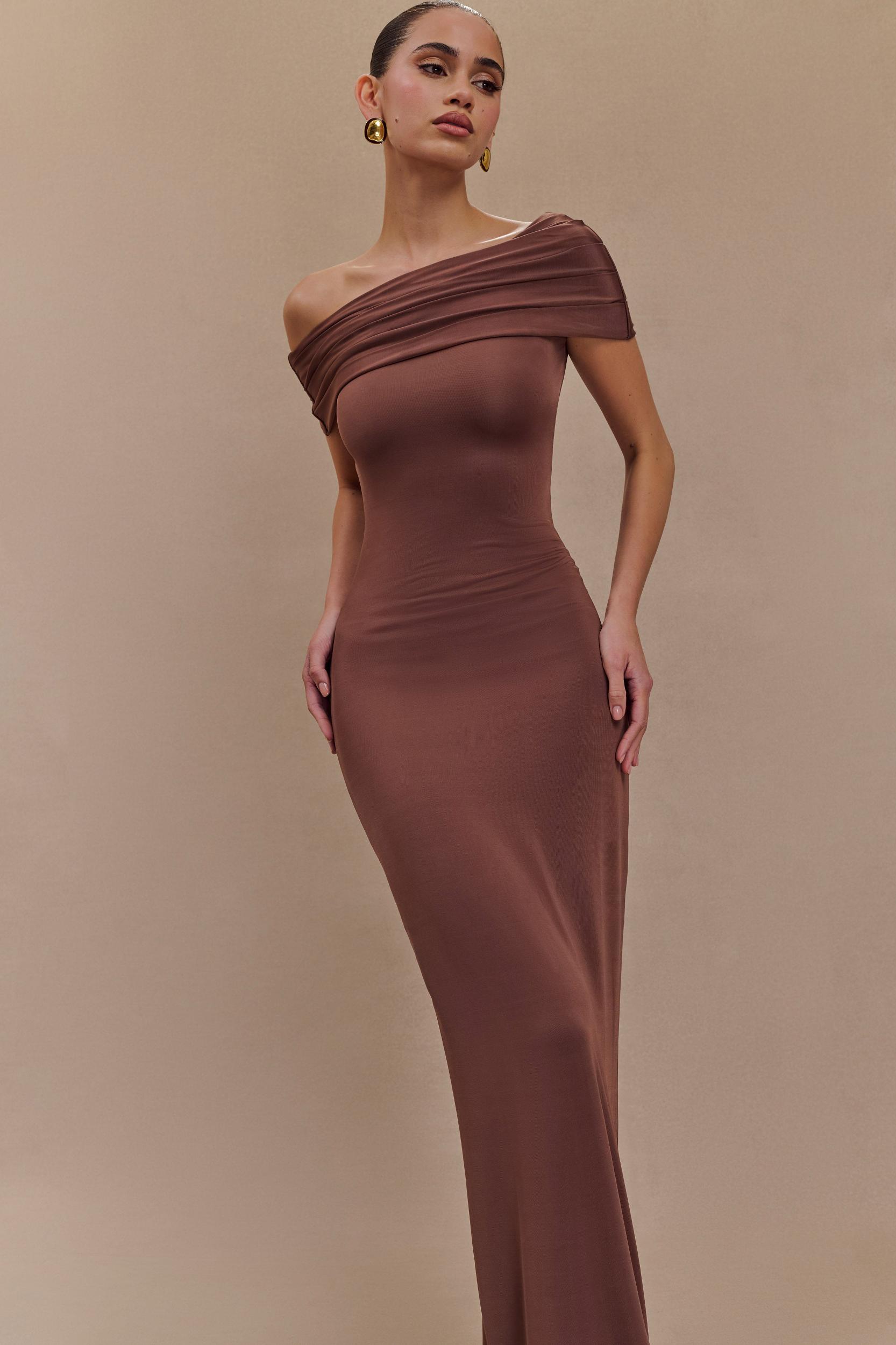Cassandra Off Shoulder Slinky Maxi Dress - Chocolate Product Image