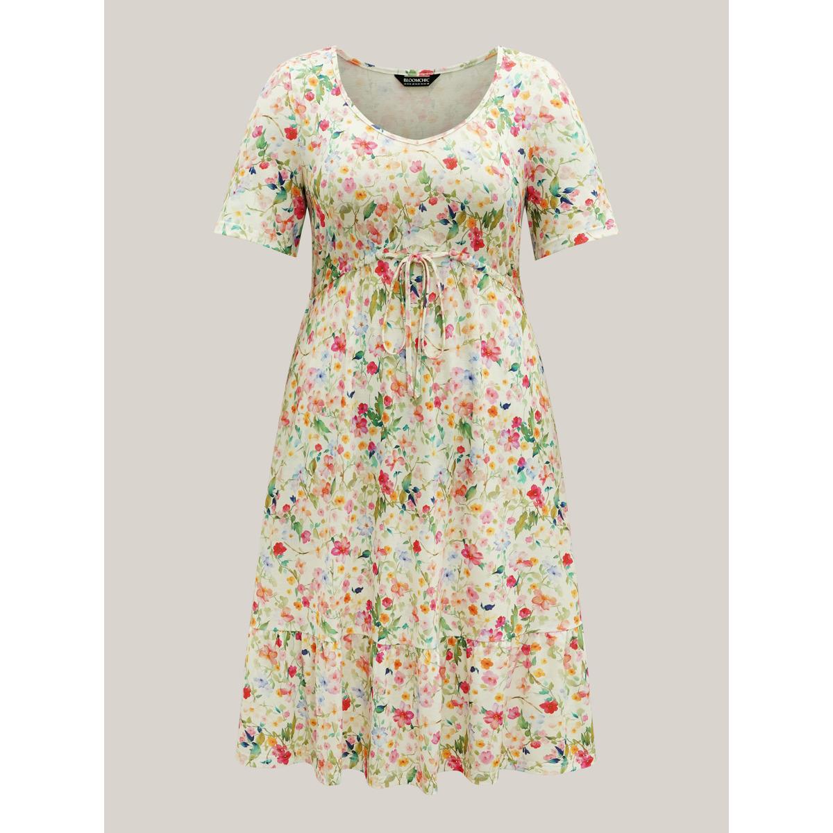 Plus Size Ditsy Floral Print Waist Tie Midi Dress Multicolor Women V-neck Short sleeve Curvy BloomChic 26/4X Product Image