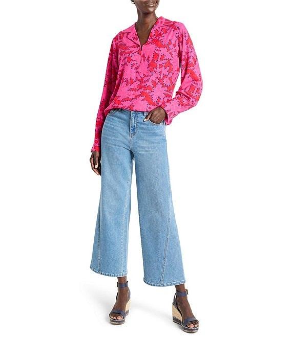 NIC + ZOE Woven Clashy Petals Print Notch Collar V-Neck Long Sleeve Blouse Product Image