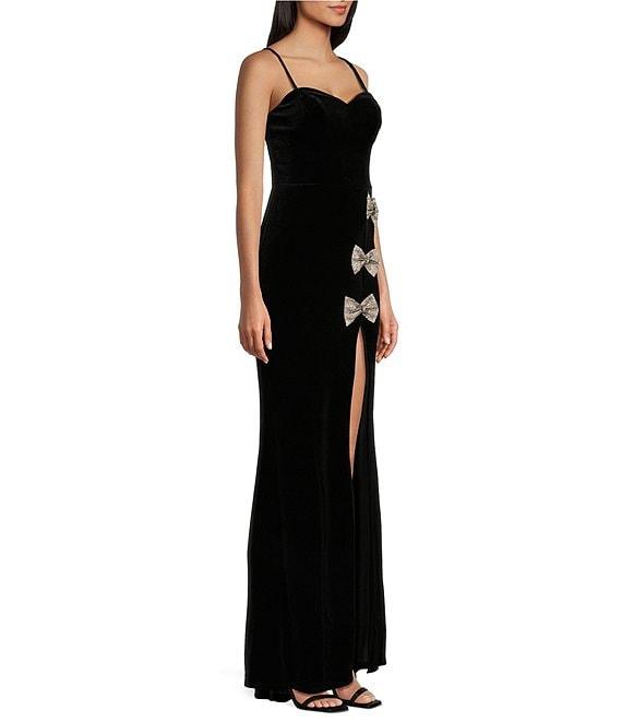 City Vibe Spaghetti Strap Velvet Long Rhinestone Bows Dress Product Image