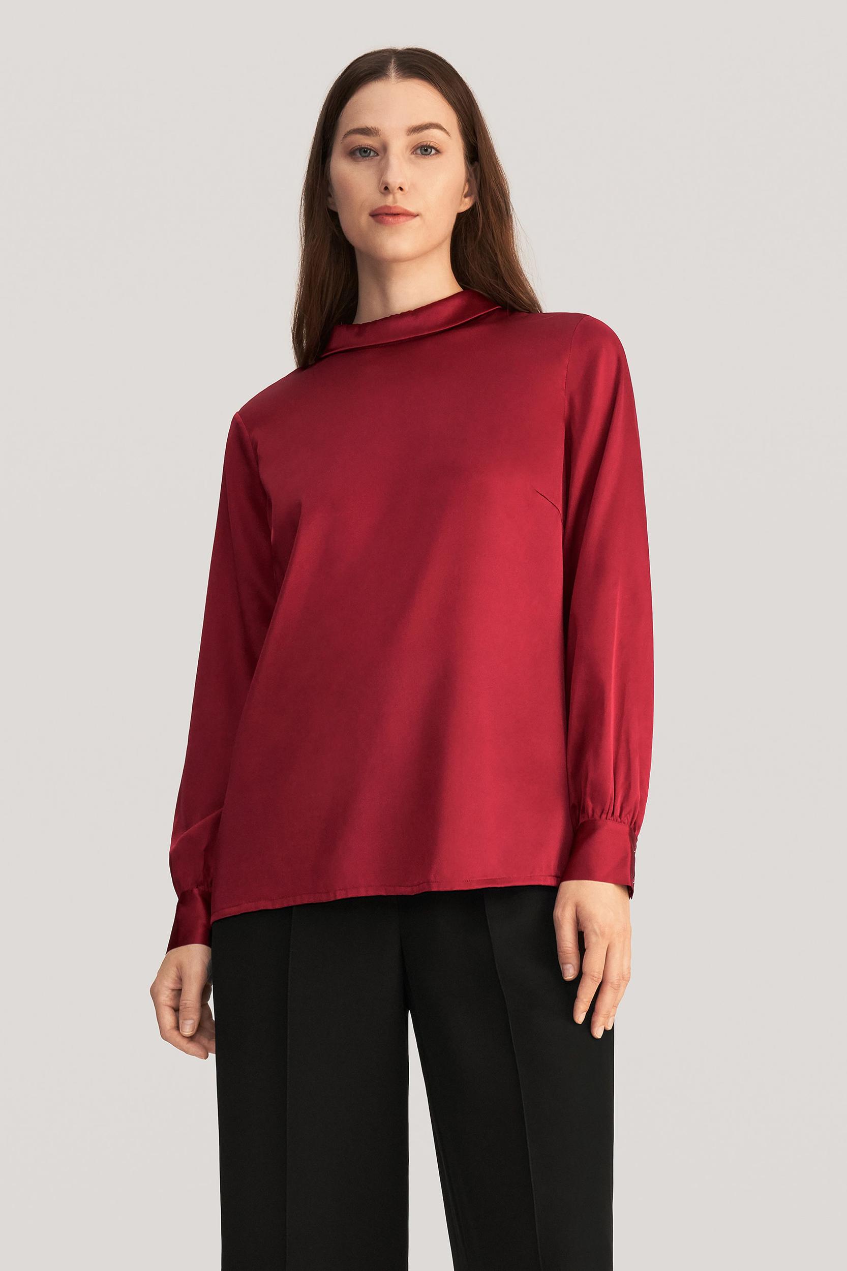 Stand Collar Long Sleeves  Silk Blouse Product Image