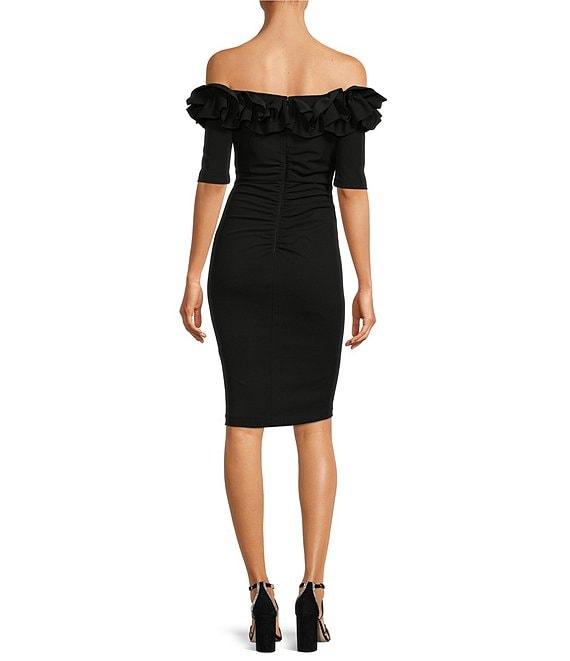 Xscape Off-the-Shoulder Ruffle Neck Short Sleeve Stretch Scuba Crepe Dress Product Image