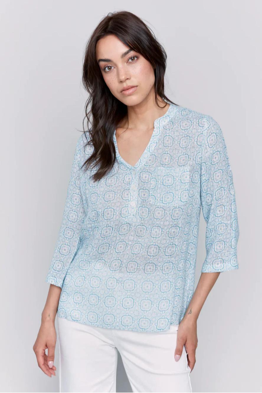 Printed Roll Up Sleeve Cotton Gauze Blouse Product Image