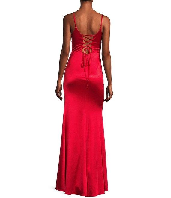 Midnight Doll Spaghetti Strap Corset Satin Gloves Long Dress Product Image