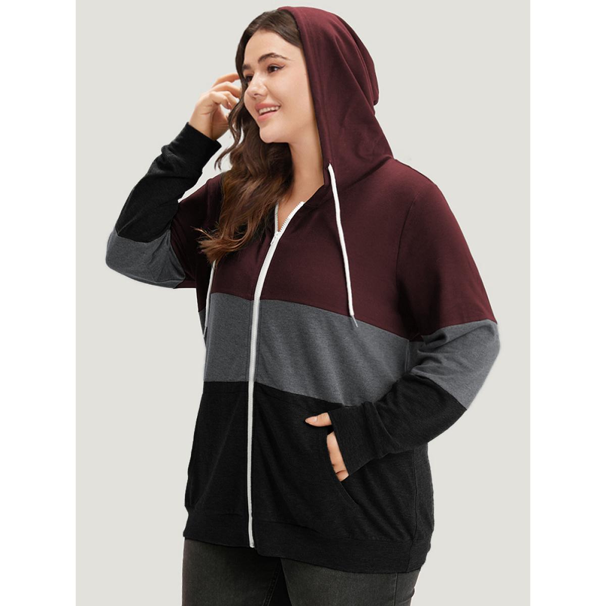 Plus Size Colorblock Contrast Drawstring Zipper Hooded Sweatshirt Women Burgundy Casual Contrast Hooded Everyday Sweatshirts BloomChic 22-24/3X Product Image