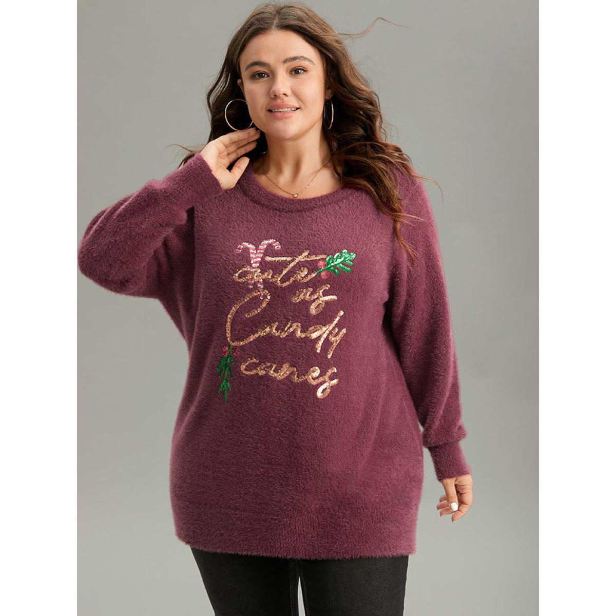 Plus Size Christmas Sequin Embroidered Fluffy Pullover Burgundy Women Casual Loose Long Sleeve Round Neck Festival-Christmas Pullovers BloomChic 12/L Product Image