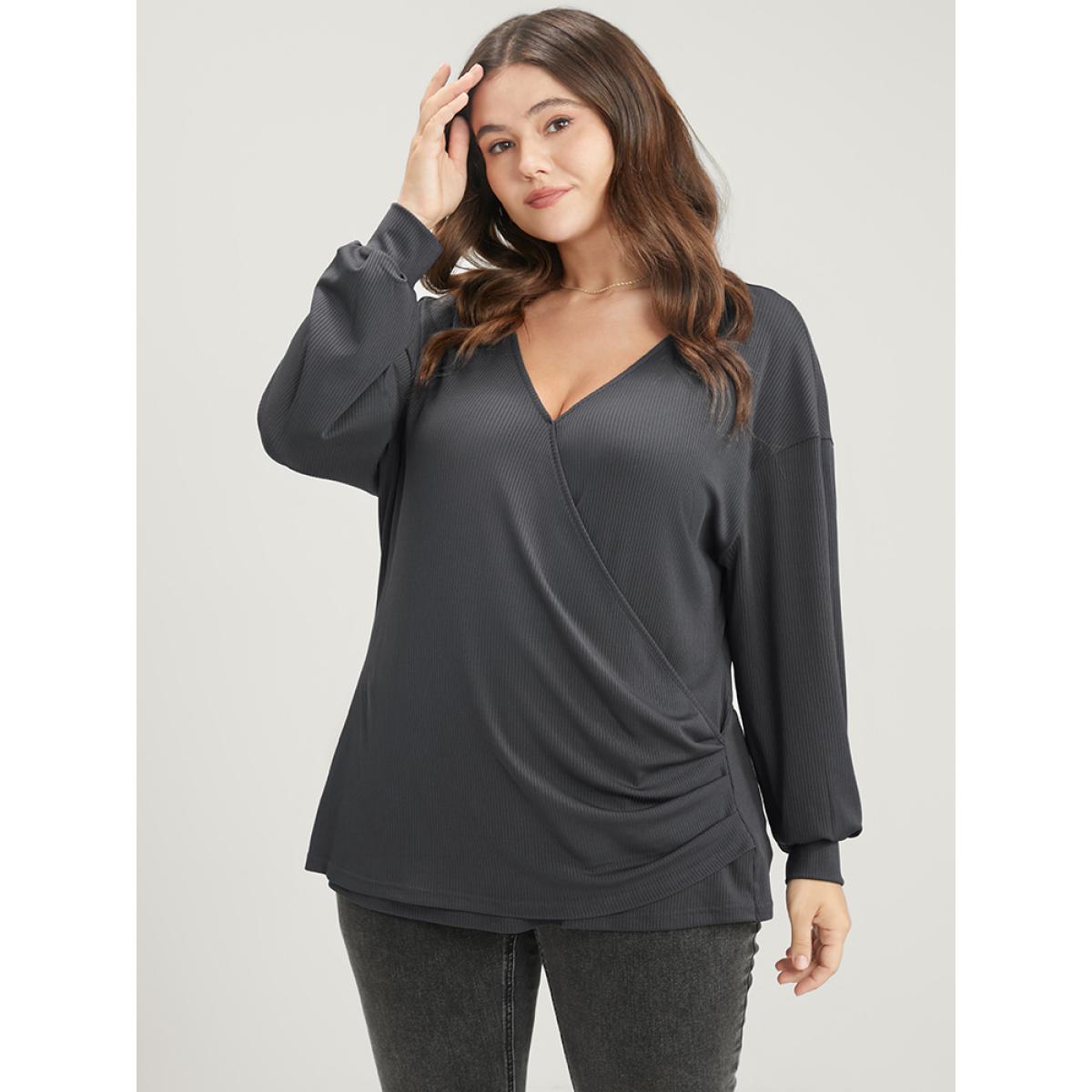 Plus Size Solid Wrap Rib Knit Sweatshirt Women DimGray Elegant Wrap Loose V-neck Dailywear Sweatshirts BloomChic 10/M Product Image