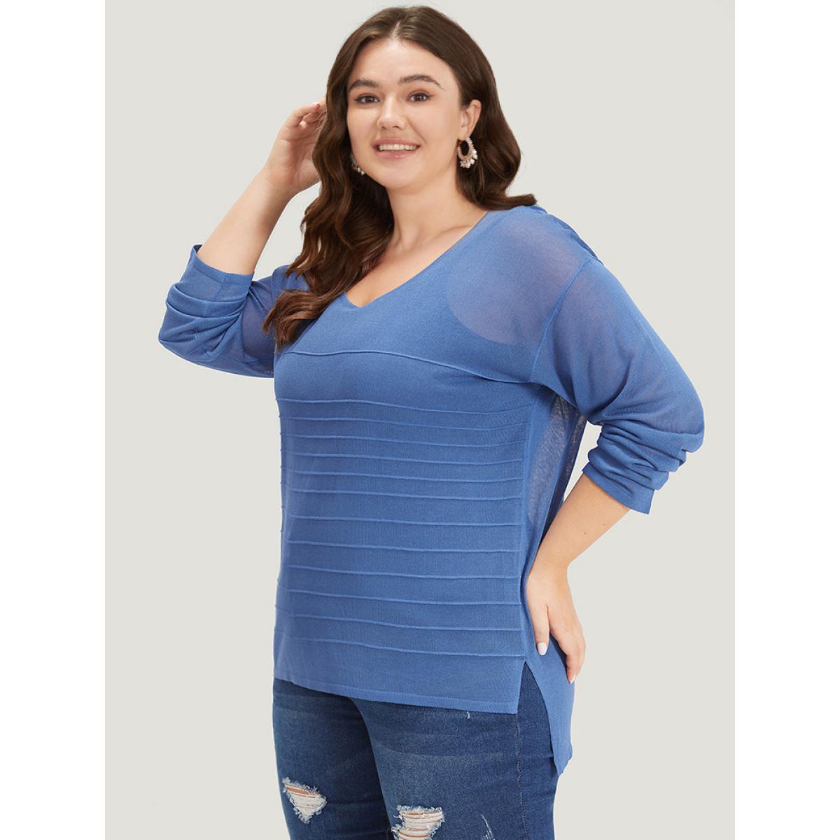 Plus Size Solid High Low Hem Drop Shoulder Split Side Pullover Cerulean Women Casual Loose Long Sleeve Round Neck Everyday Pullovers BloomChic 14-16/1X Product Image