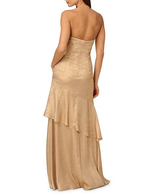 Adrianna by Adrianna Papell Foil Woven Strapless Side Ruched Asymmetrical Tiered Mermaid Gown Product Image