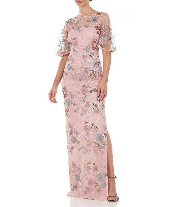 JS Collections Sequin Embroidered Mesh Short Flutter Sleeve Illusion Boat Neck Gown Product Image