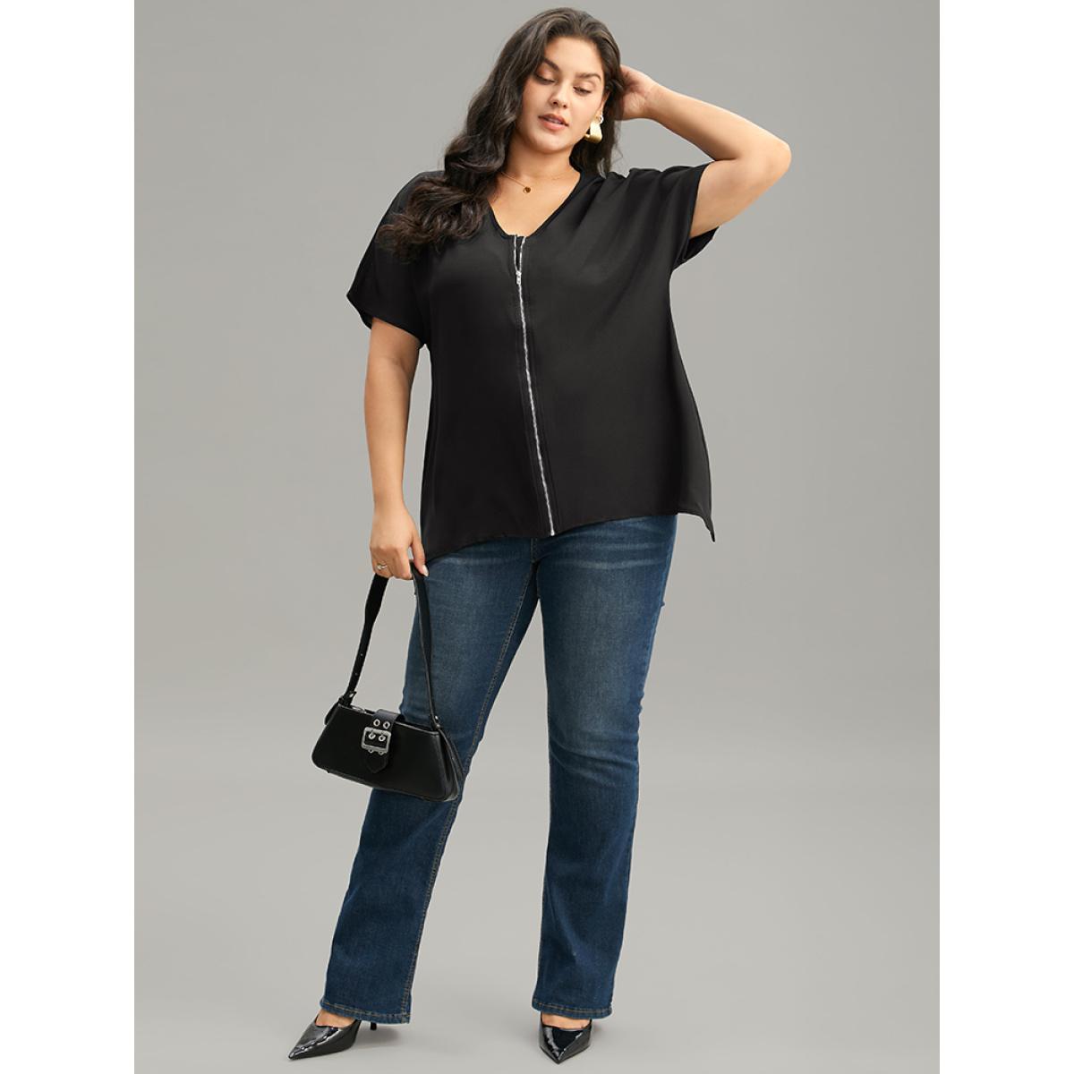 Plus Size Black Plain Zipper Curved Hem Blouse Women Office Short sleeve V-neck Work Blouses BloomChic 10/M Product Image