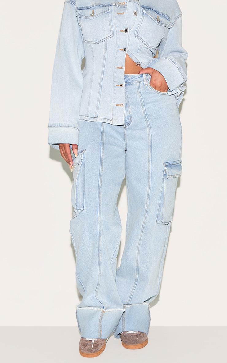 Shape Light Blue Stretch Denim Highwaisted Turn Up Hem Cargo Jeans Product Image