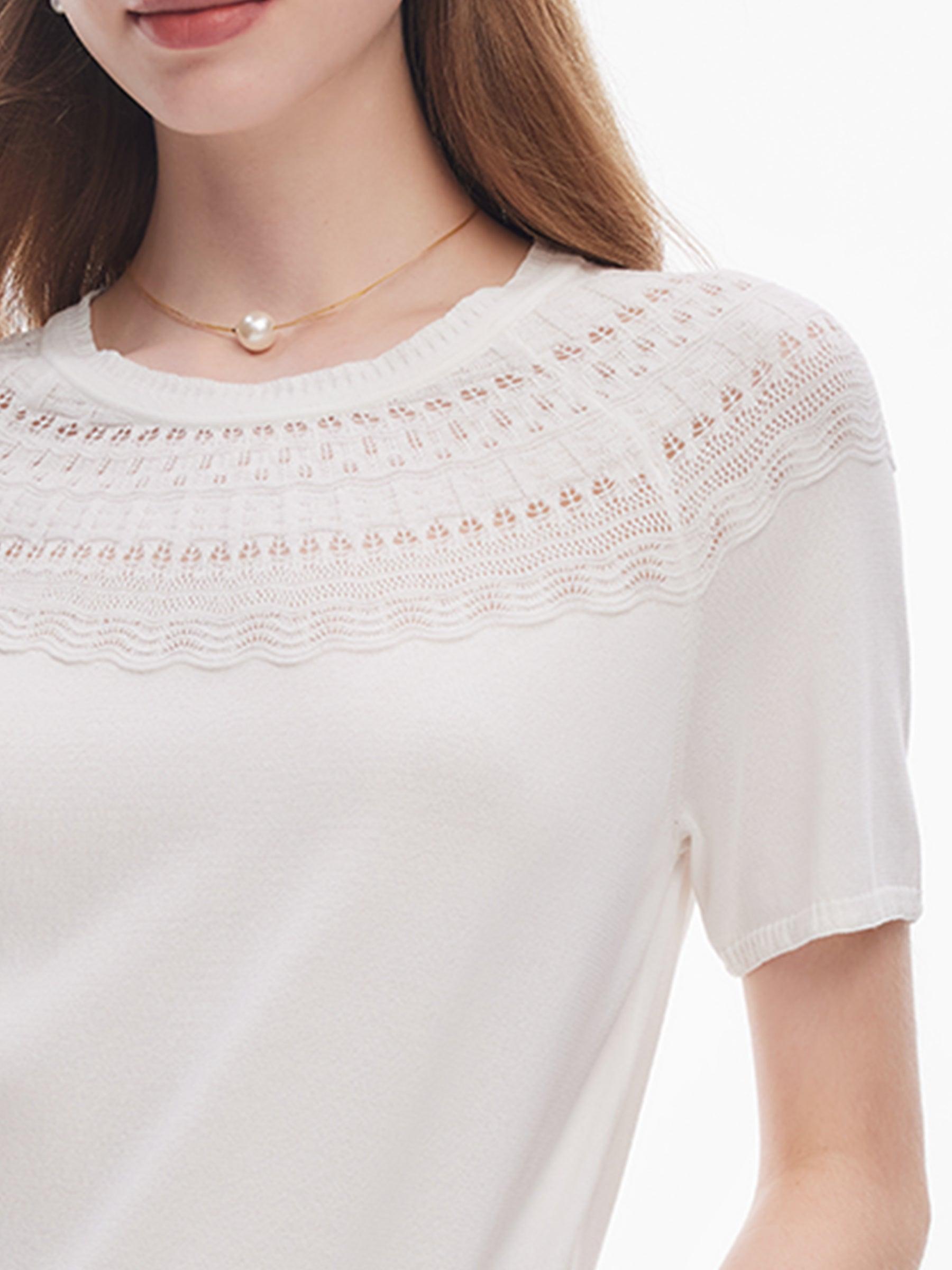 Tencel Blend Openwork Women Ruffle Round Neck Knit Top Product Image