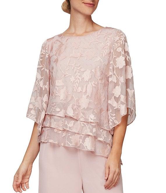 Alex Evenings Petite Size 3/4 Illusion Sleeve Crew Neck Asymmetrical Triple Tier Hem Printed Chiffon Blouse Product Image