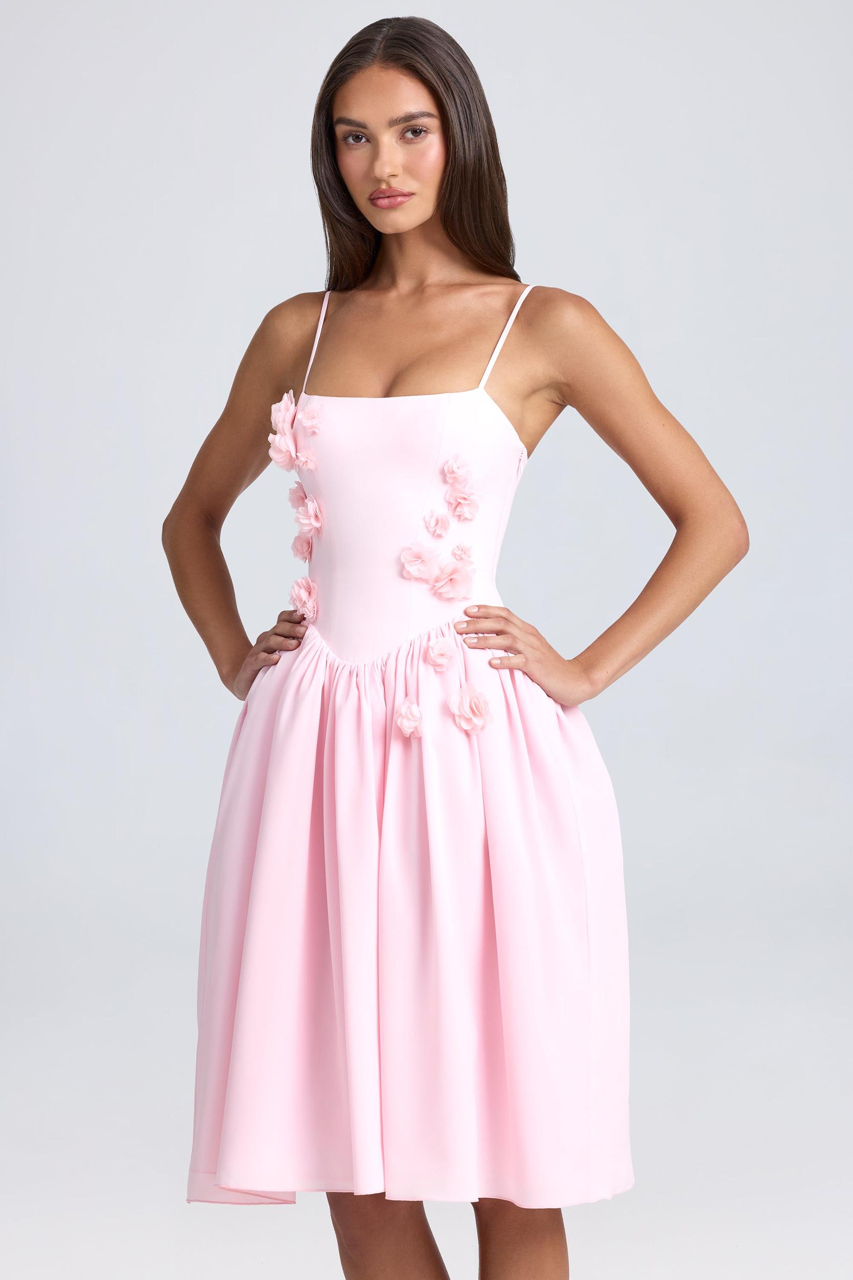 Floral-Appliqué Midi Dress in Blush Product Image
