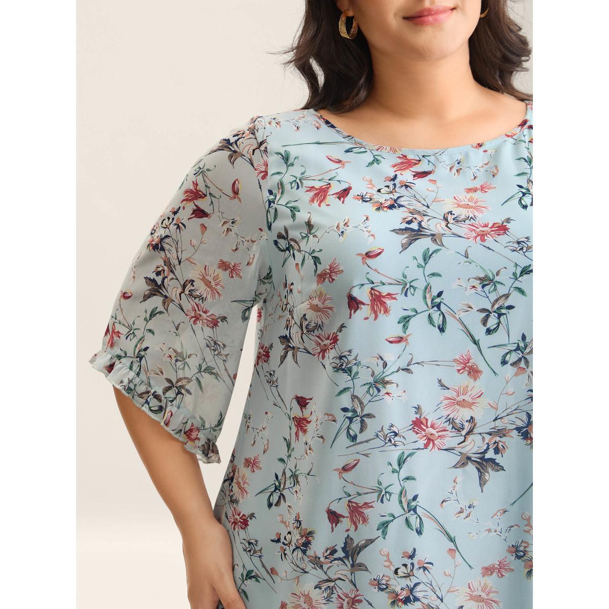 Plus Size LightBlue Chiffon Floral Print Flowy Blouse Women Timeless Elbow-length sleeve Boat Neck Elegant Blouses BloomChic 12/L Product Image