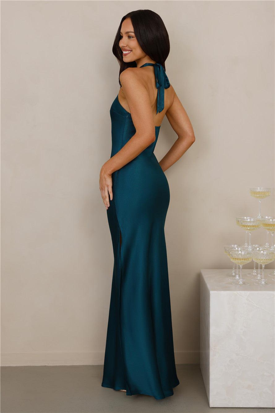 The Delilah Satin Halter Maxi Dress Teal Product Image