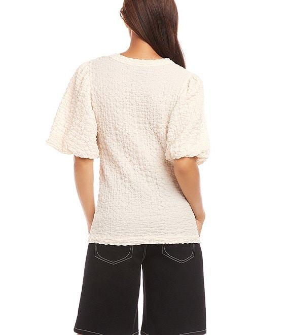 Karen Kane Petite Size Bubble Textured Crew Neck Elbow Puff Sleeve Top Product Image
