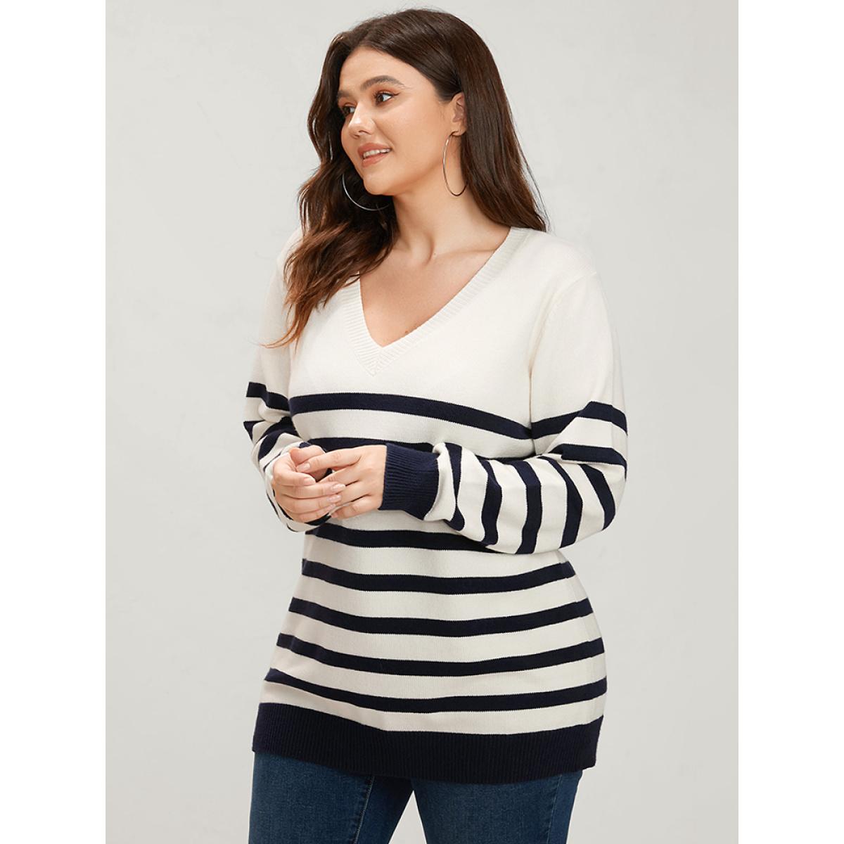 Plus Size Striped Pointelle Knit V Neck Contrast Loose Knit Top White Women Casual Loose Long Sleeve V-neck Dailywear Pullovers BloomChic 10/M Product Image
