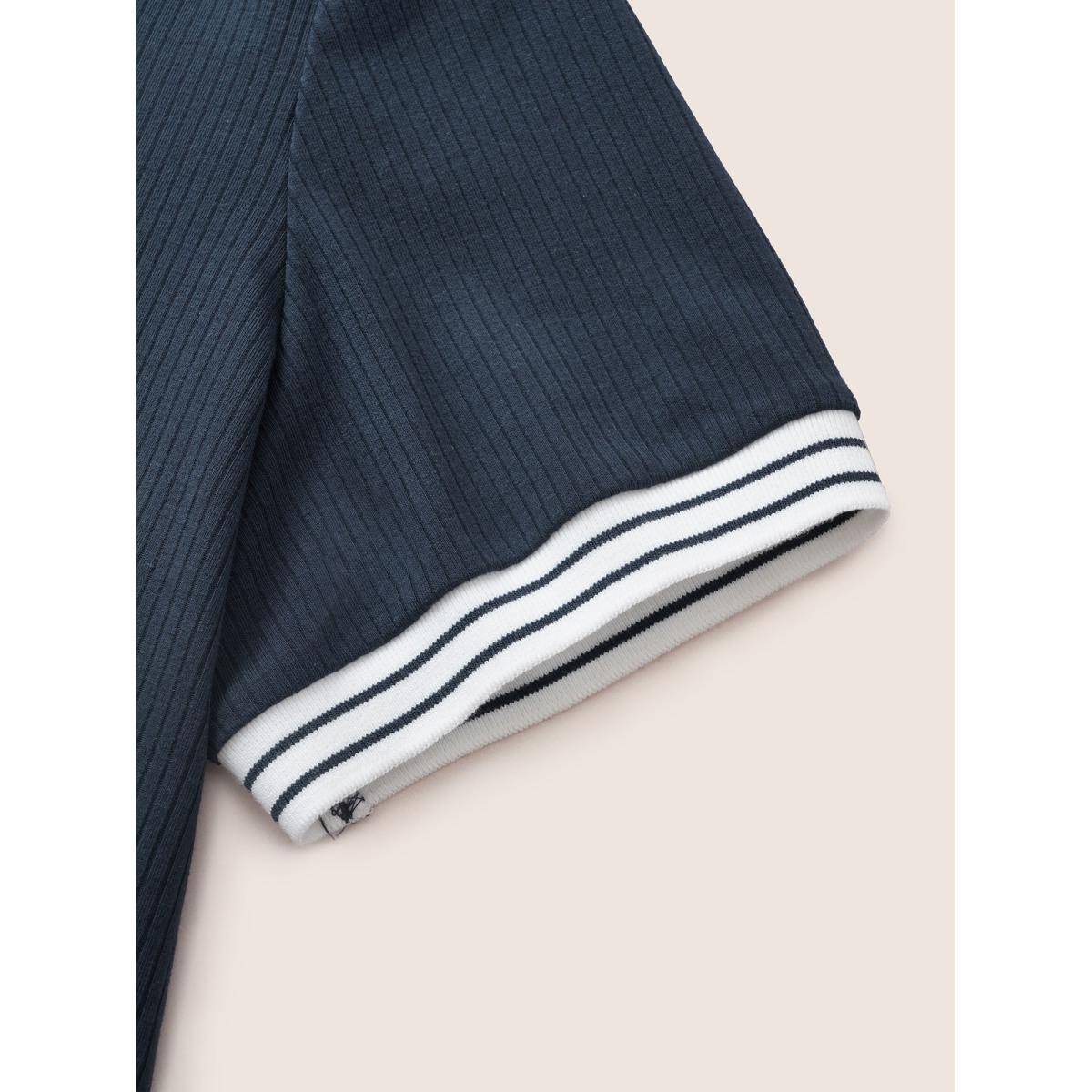 Plus Size Striped Patchwork Polo Neck Rib Knit T-shirt Indigo Women Casual Contrast Plain Polo Everyday T-shirts BloomChic 12/L Product Image