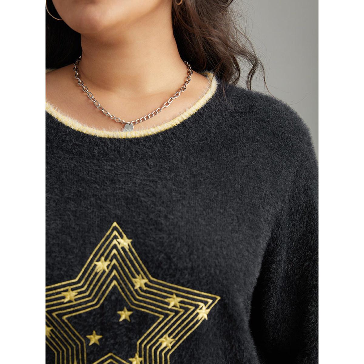 Plus Size Star Embroidered Contrast Trim Pullover Black Women Casual Loose Long Sleeve Round Neck Dailywear Pullovers BloomChic 30/6X Product Image